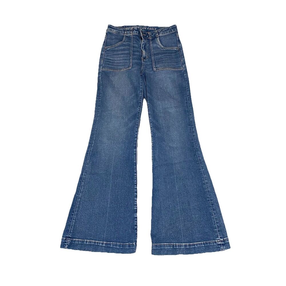 American Eagle Jeans Womens 6 Blue Super High Rise Flare Boho Stretch Denim